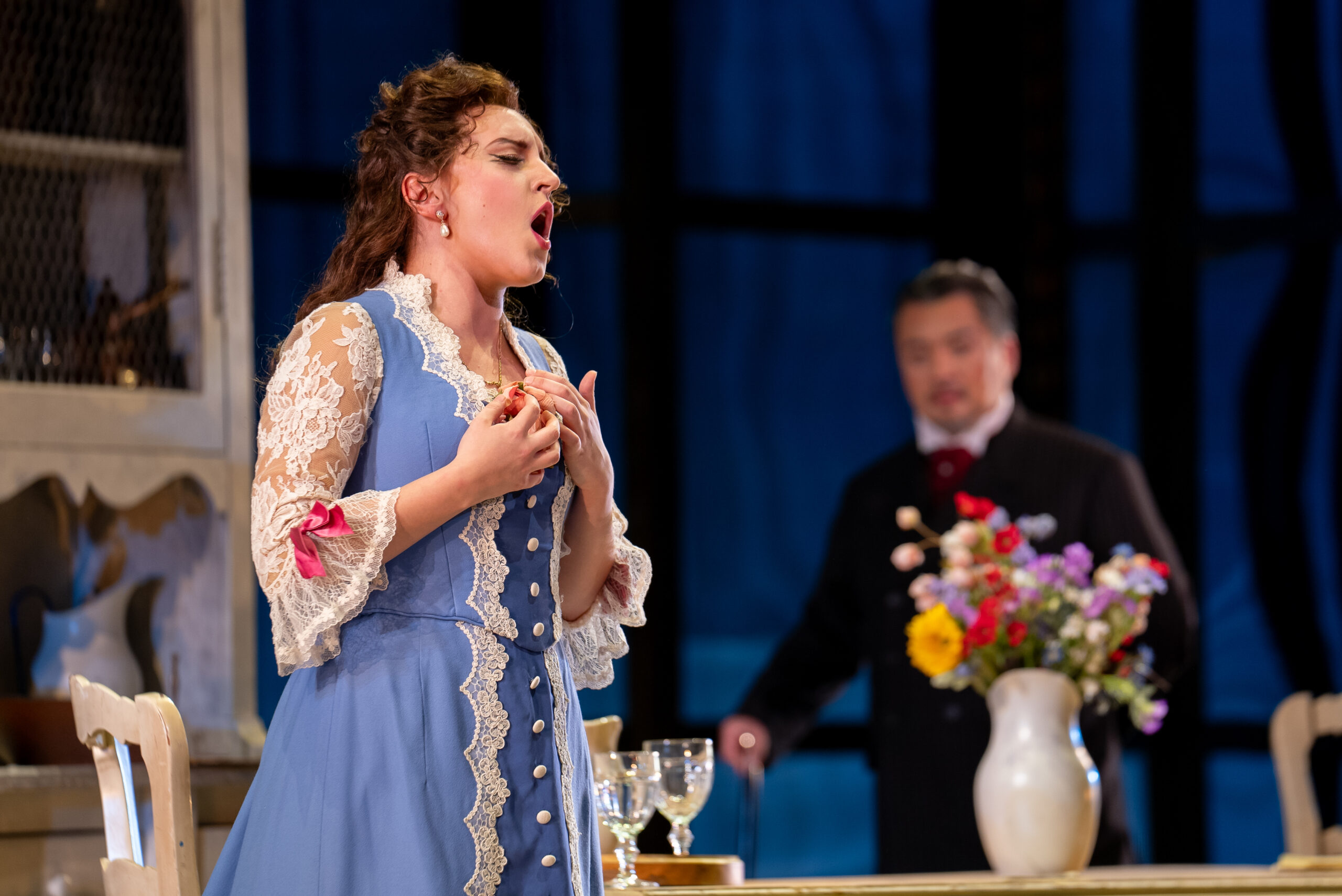 Soprano Emily Pogorelc as Violetta and baritone Joo Won Kang as Giorgio Germont in Verdi’s La traviata at the Detroit Opera House, directed by Francesca Zambello and conducted by Roberto Kalb, October 19, 25, and 27 2024. Photo by Austin Richey / Detroit Opera