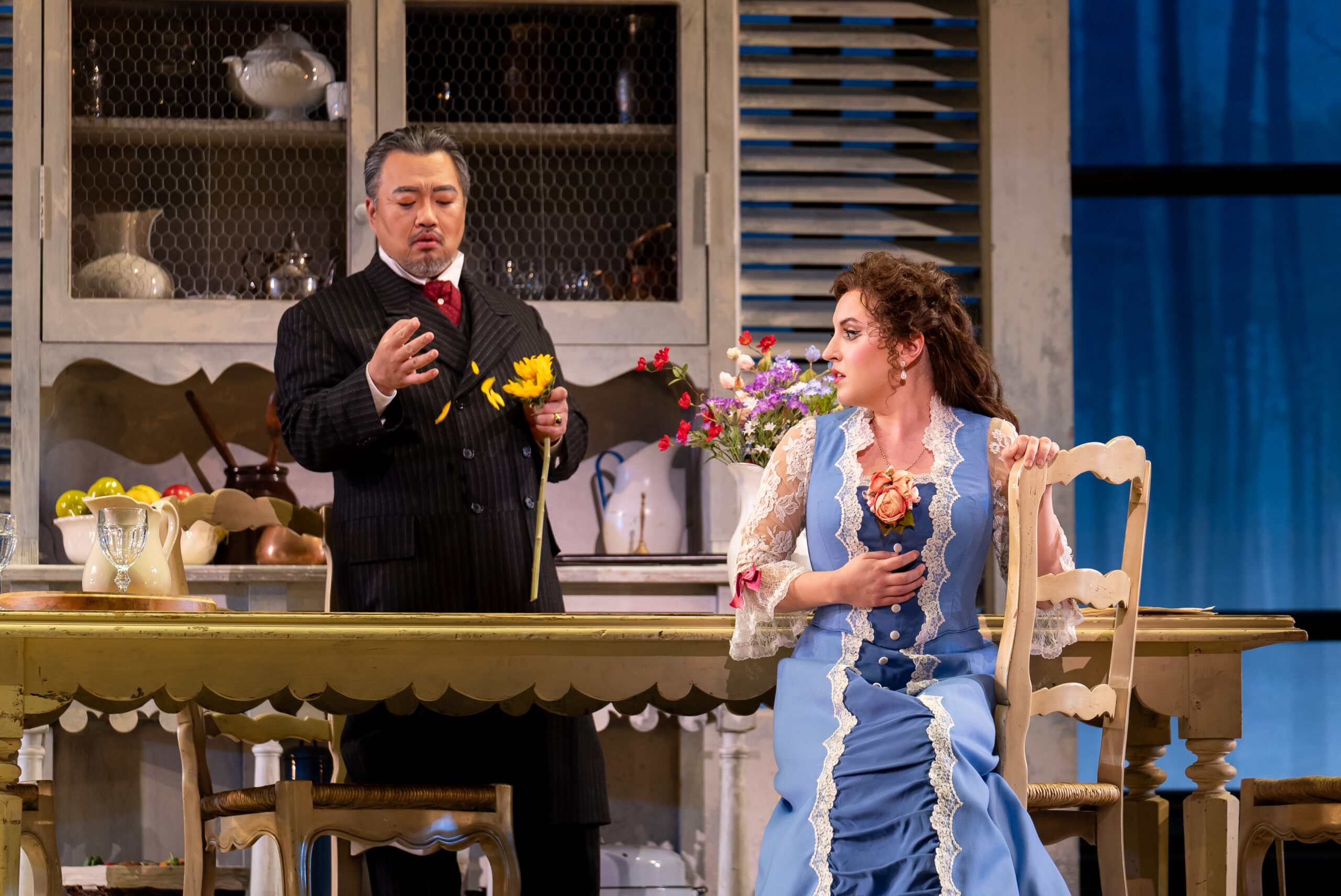 Soprano Emily Pogorelc as Violetta and baritone Joo Won Kang as Giorgio Germont in Verdi’s La traviata at the Detroit Opera House, directed by Francesca Zambello and conducted by Roberto Kalb, October 19, 25, and 27 2024. Photo by Austin Richey / Detroit Opera