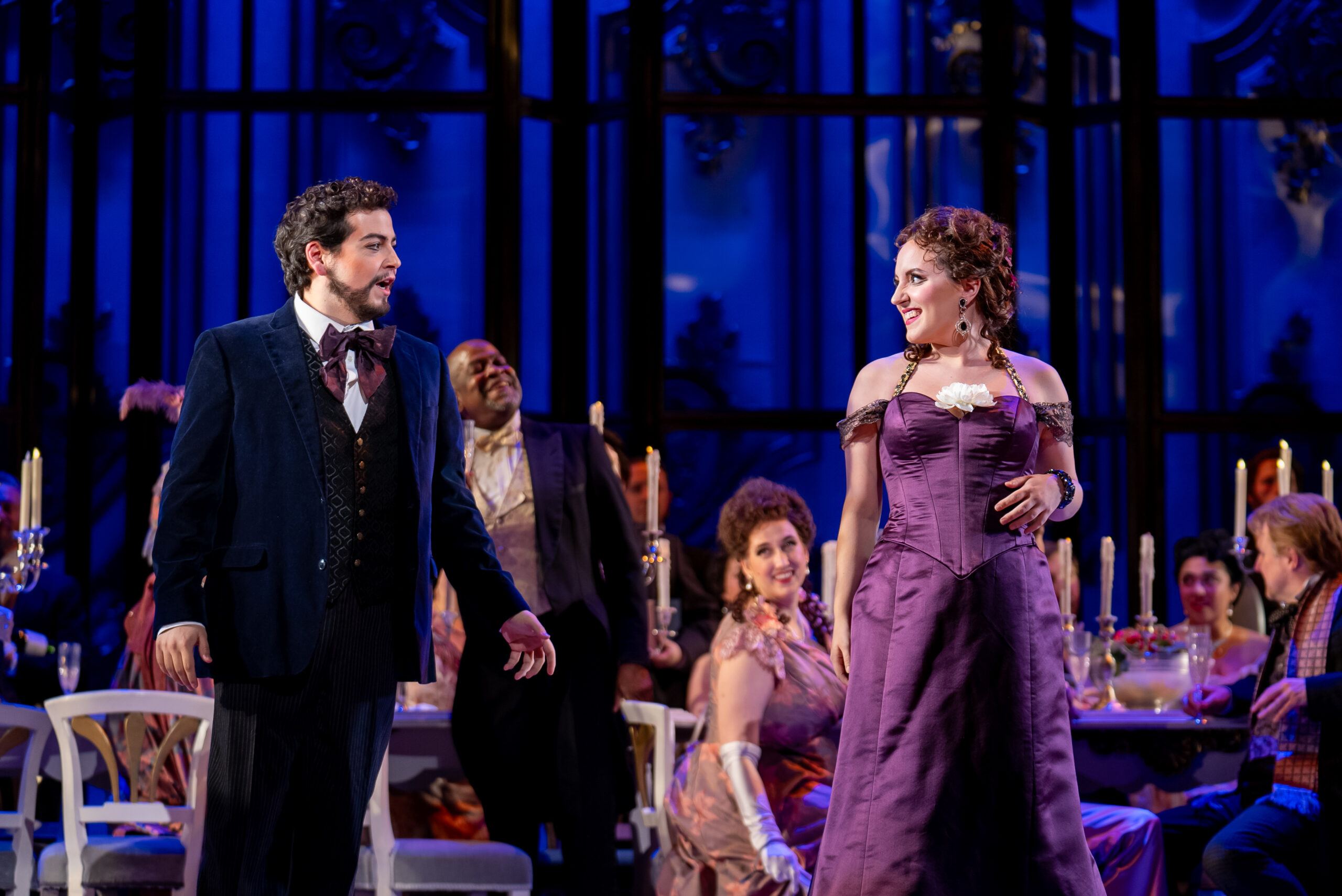 Tenor Galeano Salas and soprano Emily Pogorelc perform the roles of Alfredo and Violetta in Detroit Opera’s La traviata, directed by Francesca Zambello and conducted by Roberto Kalb, October 19, 25, and 27 2024. Photo by Austin Richey / Detroit Opera