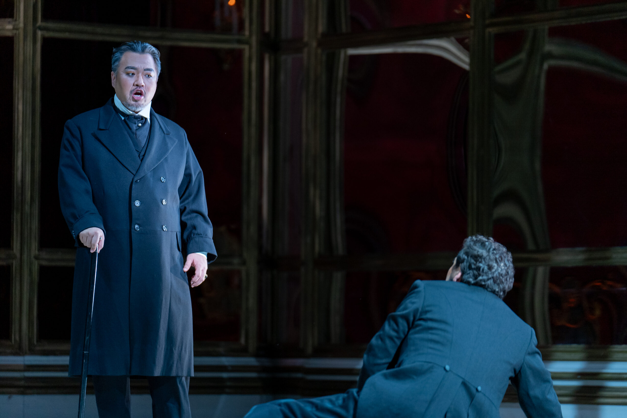 Baritone Joo Won Kang as Giorgio Germont and tenor Galeano Salas as Alfredo in Detroit Opera’s La traviata, directed by Francesca Zambello and conducted by Roberto Kalb, October 19, 25, and 27 2024. Photo by Austin Richey / Detroit Opera