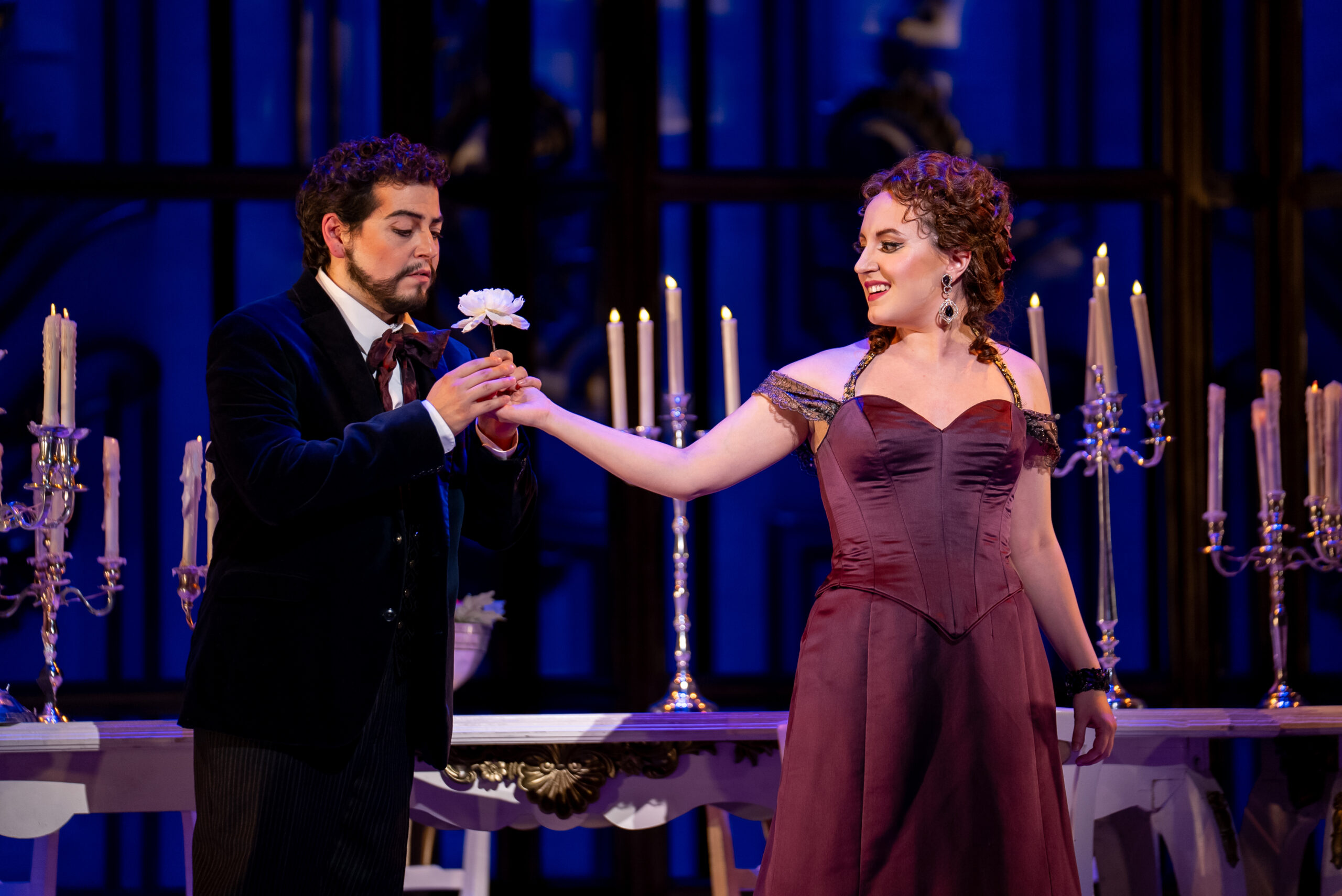 Soprano Emily Pogorelc and tenor Galeano Salas sing the roles of Violetta and Alfredo in Verdi’s La traviata at the Detroit Opera, directed by Francesca Zambello and conducted by Roberto Kalb, October 19, 25, and 27 2024. Photo by Austin Richey / Detroit Opera