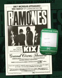 1982 show poster and backstage pass for The Ramones at Grand Circus Live