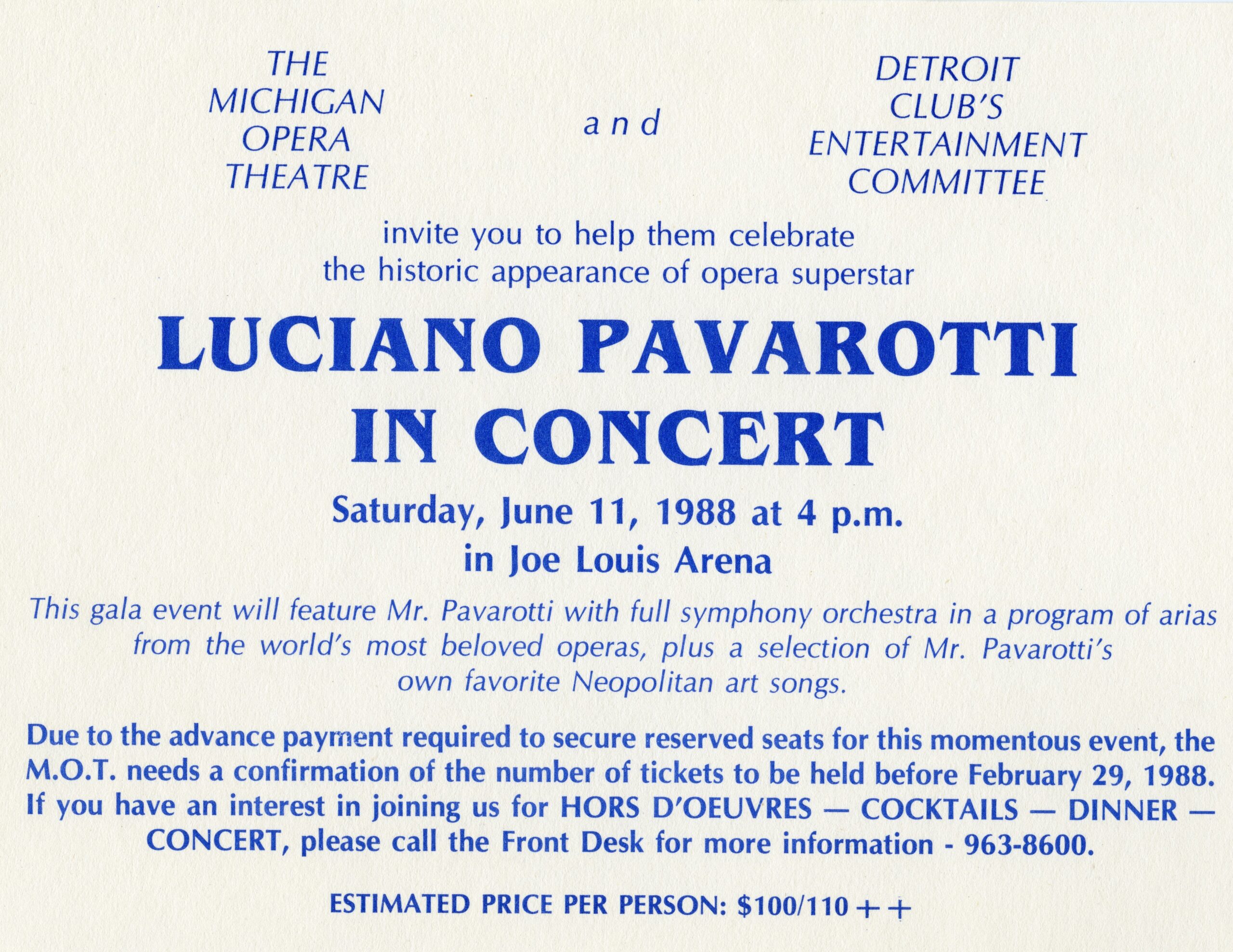 Invitation for Luciano Pavarotti at Joe Louis Arena in 1988