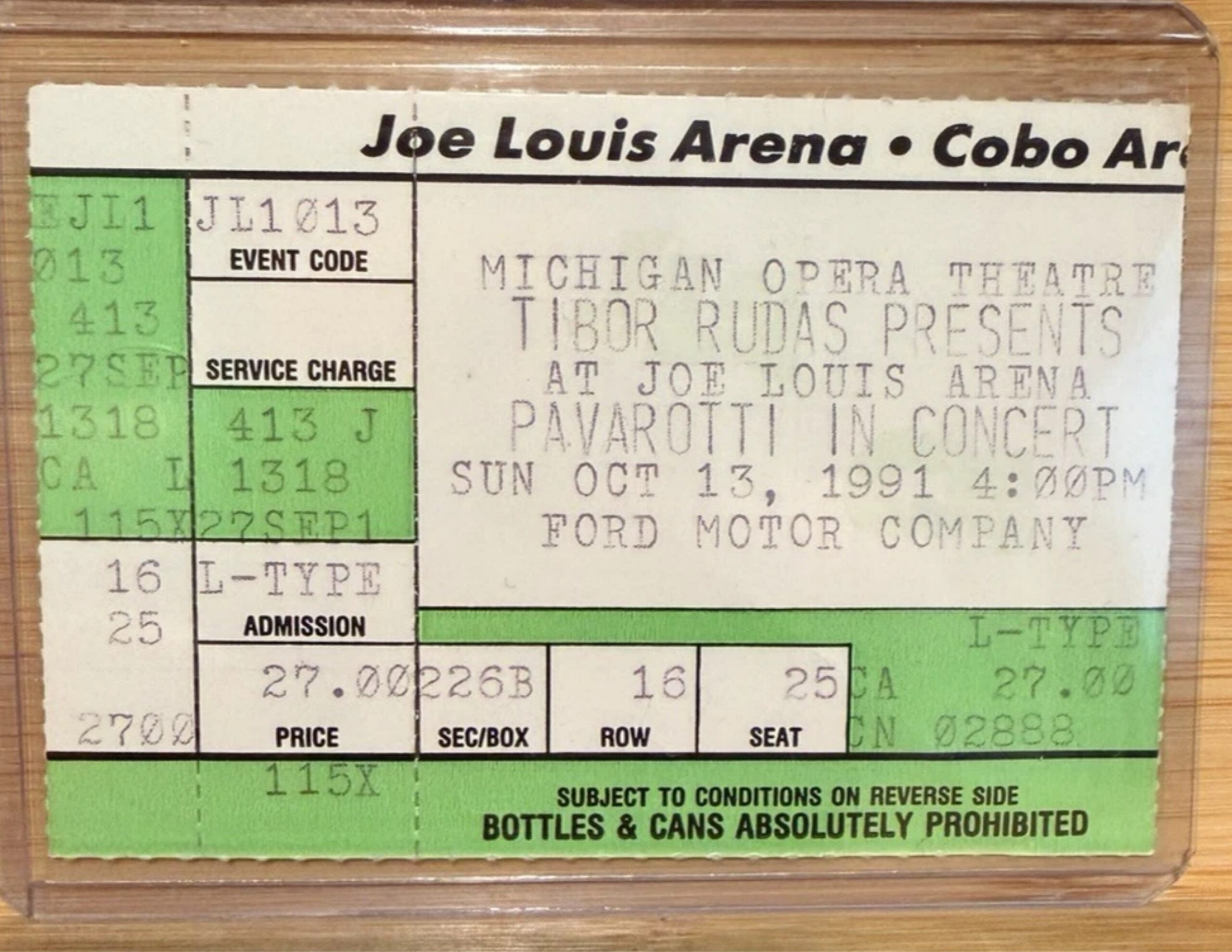 Ticket stub from Pavarotti's 1991 concert at Joe Louis Arena