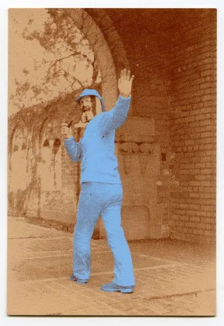 A postcard of CAA student Jim Poole, wearing the Cage Bag on campus