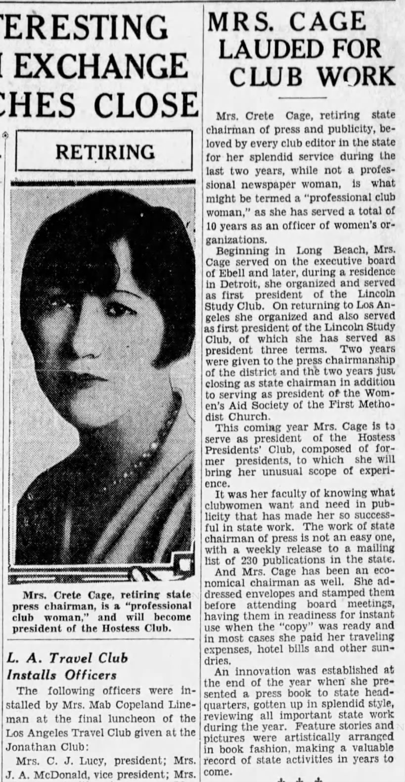 Mrs. Cage lauded for club work, Los Angeles Evening Express, 1931