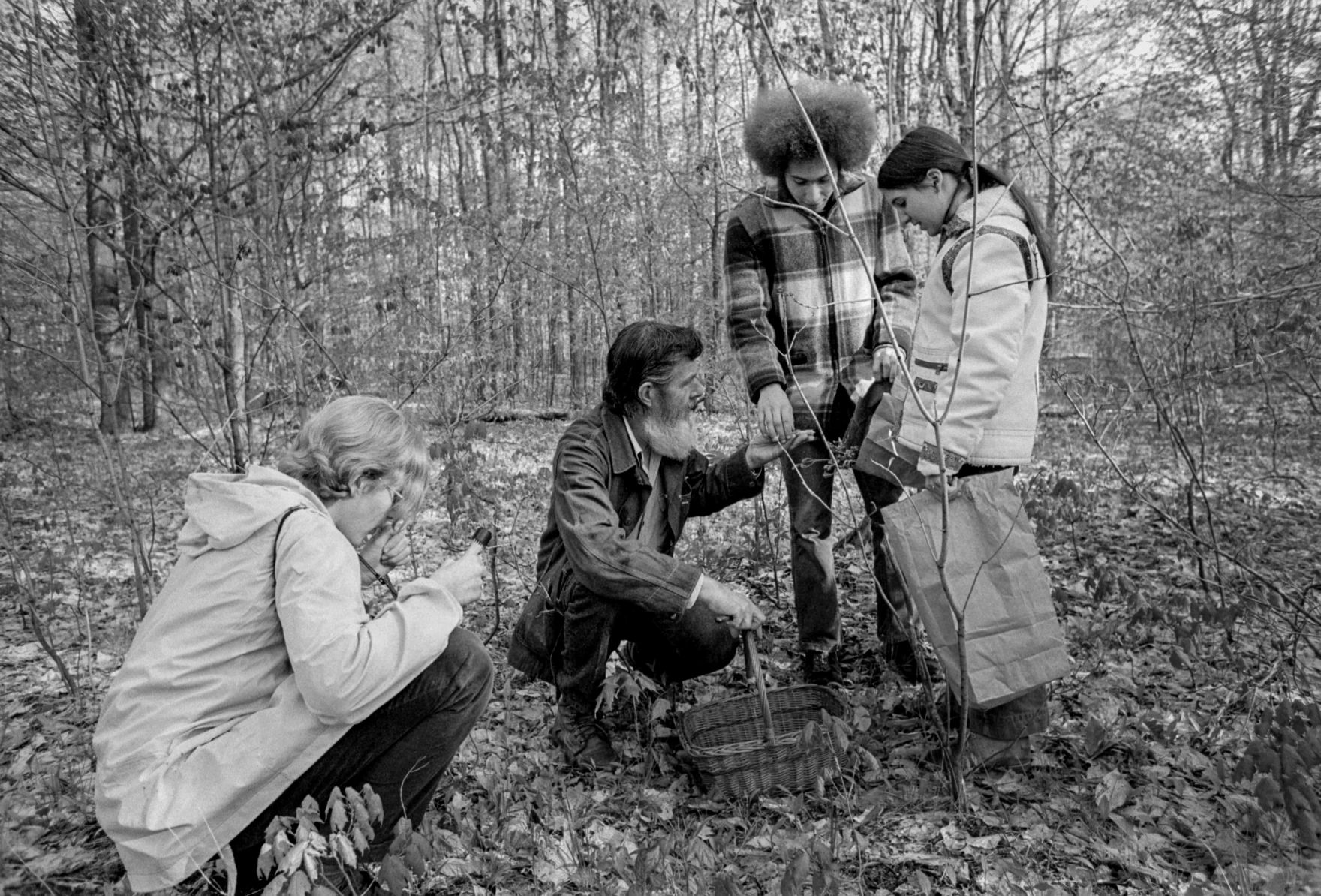 John Cage with Interlochen students foraging mushrooms on Interlochen's campus in 1972